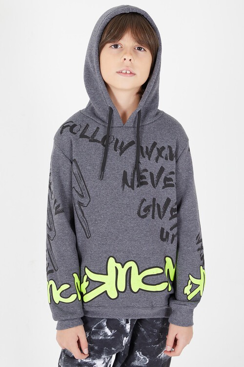 Erkek Çocuk Yazı Baskılı Polarlı Kapüşonlu Sweatshirt 14604