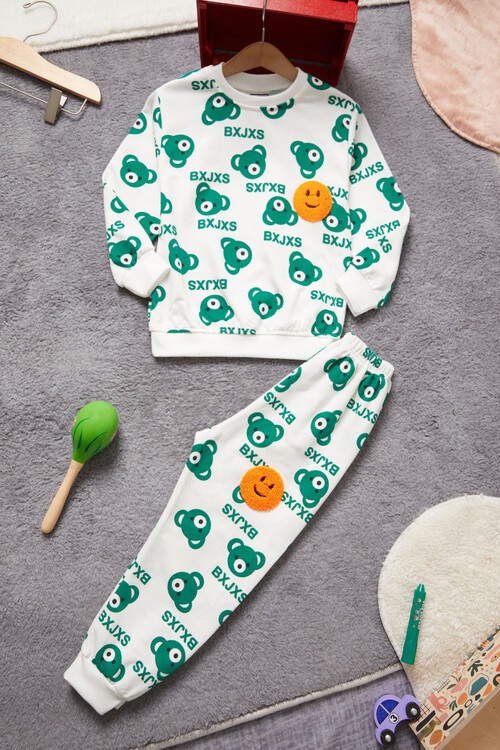 Gülen Yüz Nakışlı Ayıcık Desenli Eşofman Takımı Unisex 14972