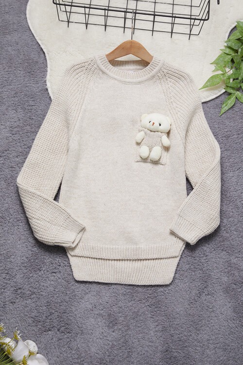 Kız Çocuk Cep Ayıcıklı Triko Kazak 14641