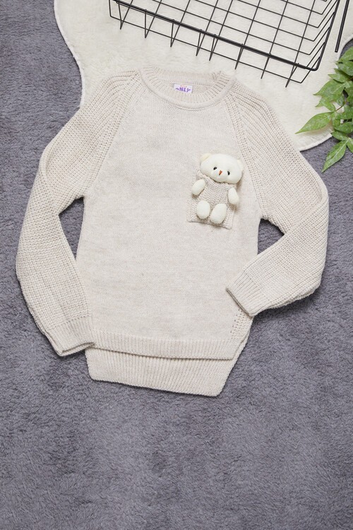 Kız Çocuk Cep Ayıcıklı Triko Kazak 14641