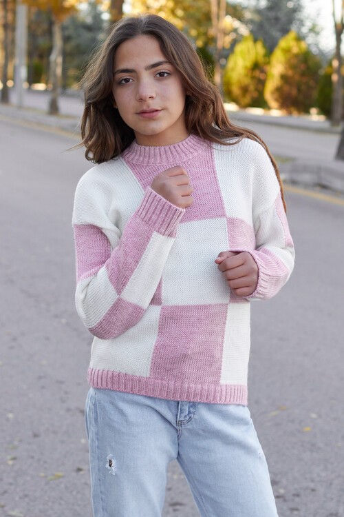 Kız Çocuk Kareli Triko Kazak 14625