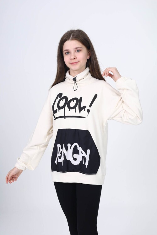 Beyaz Cool Yazı Baskılı Boğazlı Kız Çocuk Sweatshirt 16451