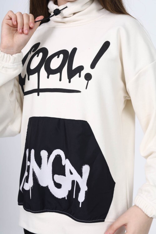 Beyaz Cool Yazı Baskılı Boğazlı Kız Çocuk Sweatshirt 16451