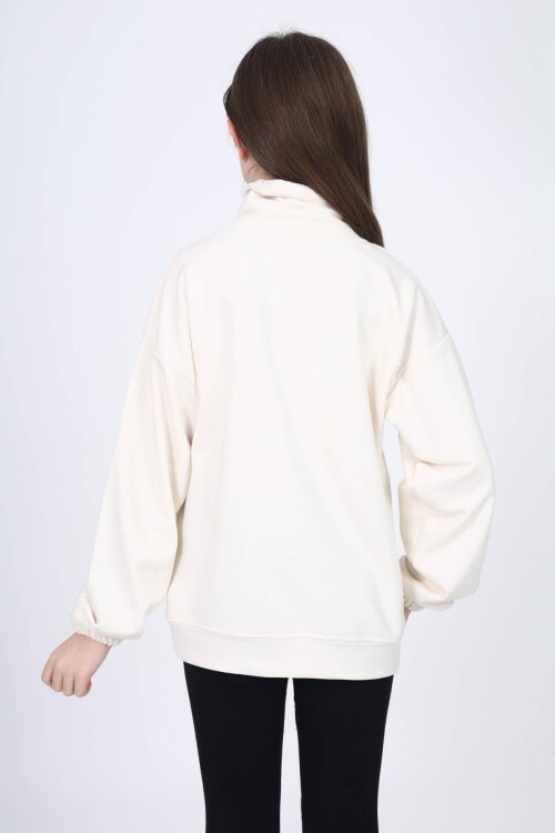 Beyaz Cool Yazı Baskılı Boğazlı Kız Çocuk Sweatshirt 16451