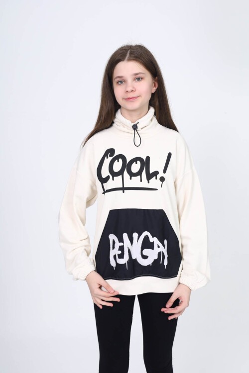 Beyaz Cool Yazı Baskılı Boğazlı Kız Çocuk Sweatshirt 16451
