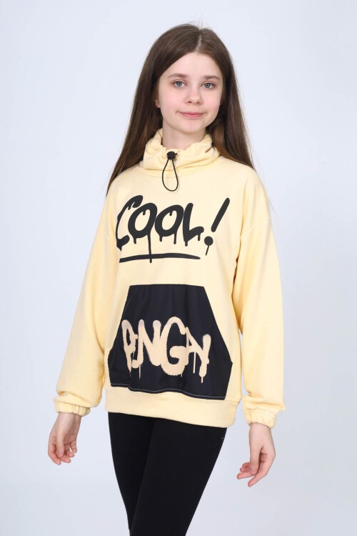 Krem Cool Yazı Baskılı Boğazlı Kız Çocuk Sweatshirt 16450