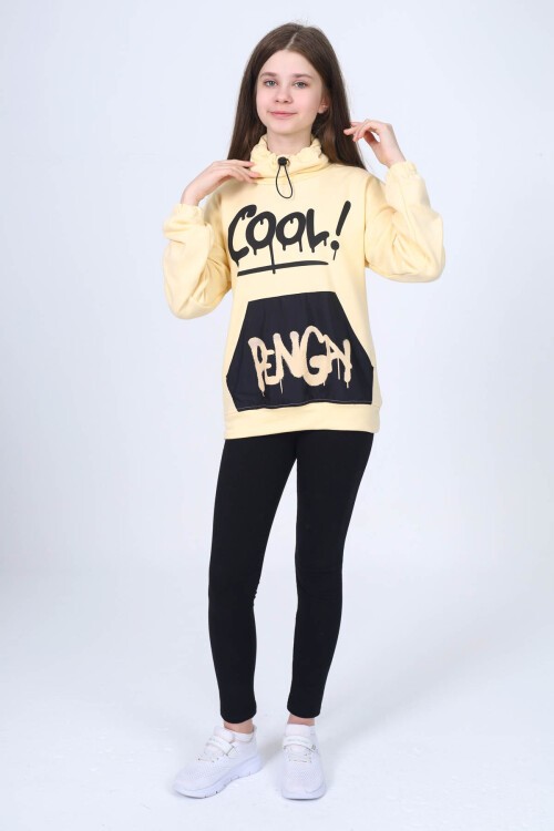 Krem Cool Yazı Baskılı Boğazlı Kız Çocuk Sweatshirt 16450