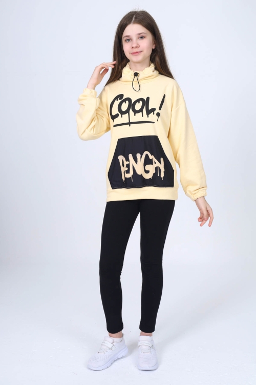 Krem Cool Yazı Baskılı Boğazlı Kız Çocuk Sweatshirt 16450