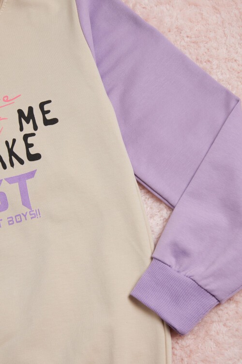 Krem Yazı Baskı Renkli Kollu Kapüşonlu Kız Çocuk Sweatshirt 16297