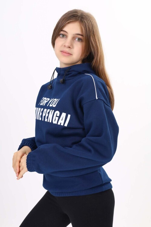 Lacivert Yazı Baskılı Polarlı Kız Çocuk Kapşonlu Sweatshirt 16640