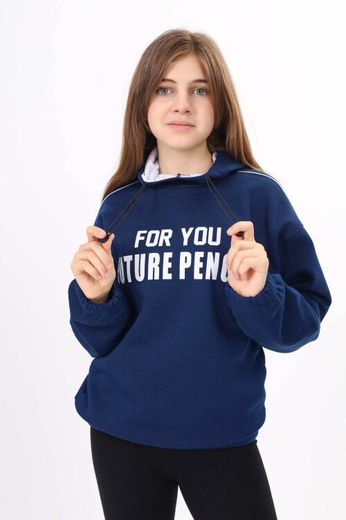 Lacivert Yazı Baskılı Polarlı Kız Çocuk Kapşonlu Sweatshirt 16640