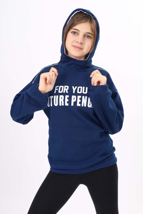 Lacivert Yazı Baskılı Polarlı Kız Çocuk Kapşonlu Sweatshirt 16640