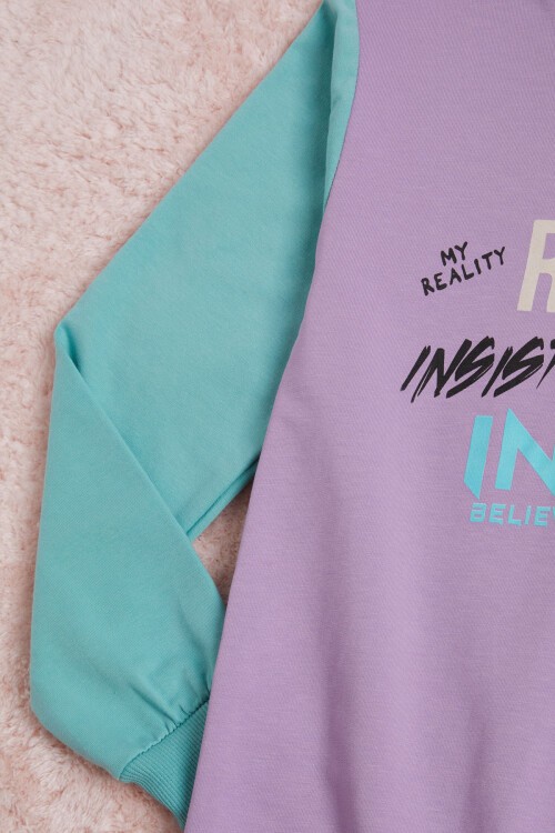 Lila Yazı Baskı Renkli Kollu Kapüşonlu Kız Çocuk Sweatshirt 16295