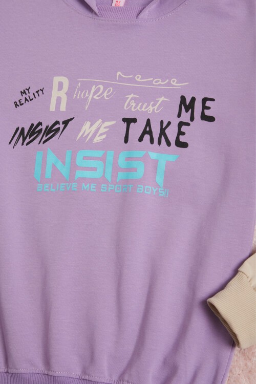 Lila Yazı Baskı Renkli Kollu Kapüşonlu Kız Çocuk Sweatshirt 16295