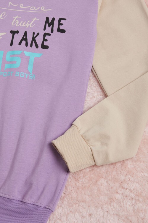 Lila Yazı Baskı Renkli Kollu Kapüşonlu Kız Çocuk Sweatshirt 16295