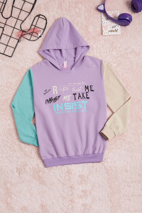 Lila Yazı Baskı Renkli Kollu Kapüşonlu Kız Çocuk Sweatshirt 16295