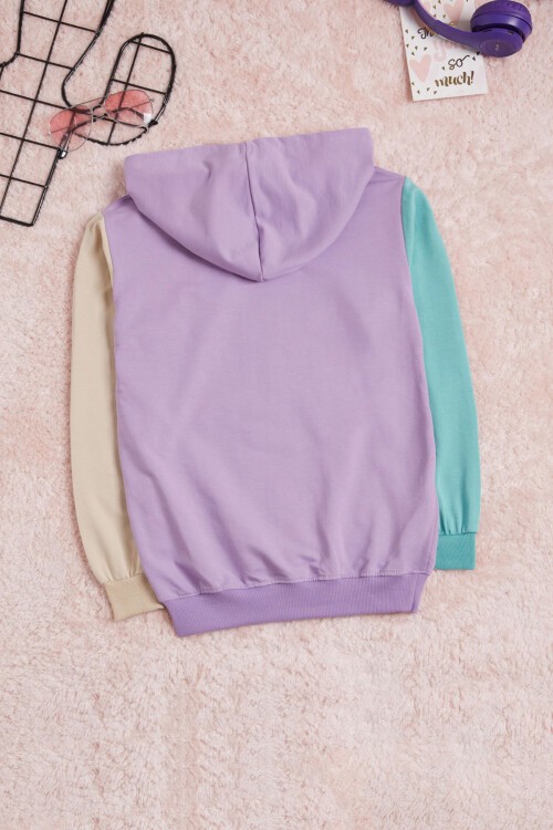 Lila Yazı Baskı Renkli Kollu Kapüşonlu Kız Çocuk Sweatshirt 16295