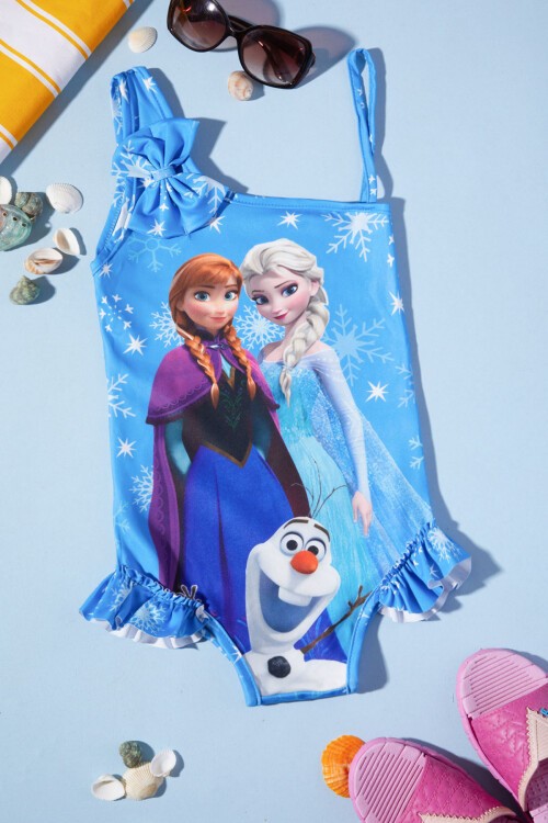 Mavi Kar Desenli Frozen Baskı Kız Mayo 15621