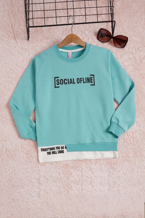 Mint Yazı Baskılı Şeritli Kız Çocuk Sweatshirt 16287