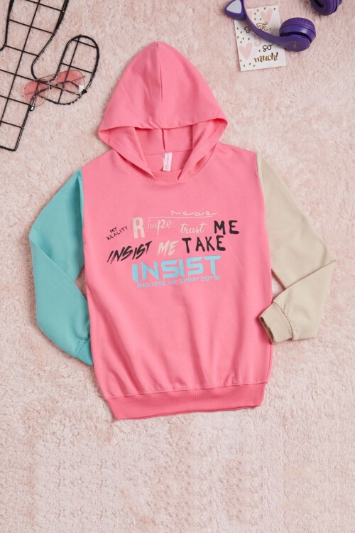 Pembe Yazı Baskı Renkli Kollu Kapüşonlu Kız Çocuk Sweatshirt 16296