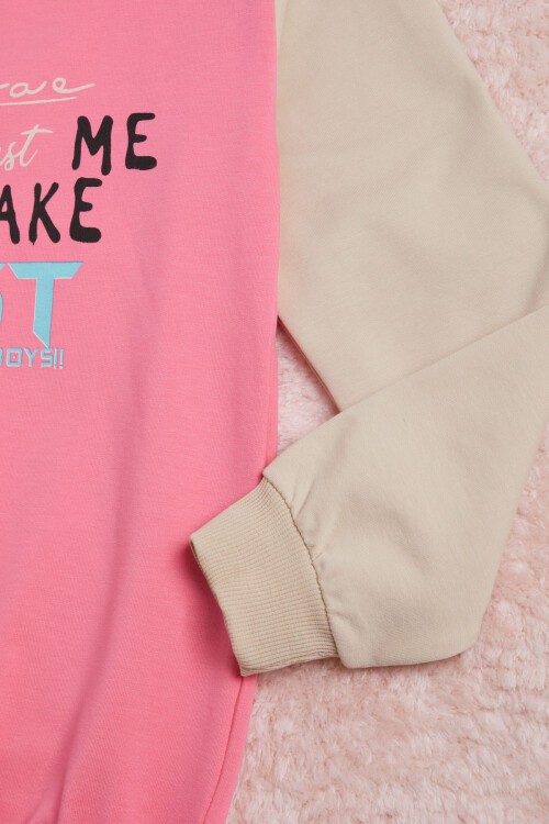 Pembe Yazı Baskı Renkli Kollu Kapüşonlu Kız Çocuk Sweatshirt 16296