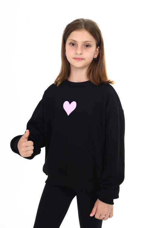 Siyah Kalp Baskılı Polarlı Kız Çocuk Sweatshirt 16472