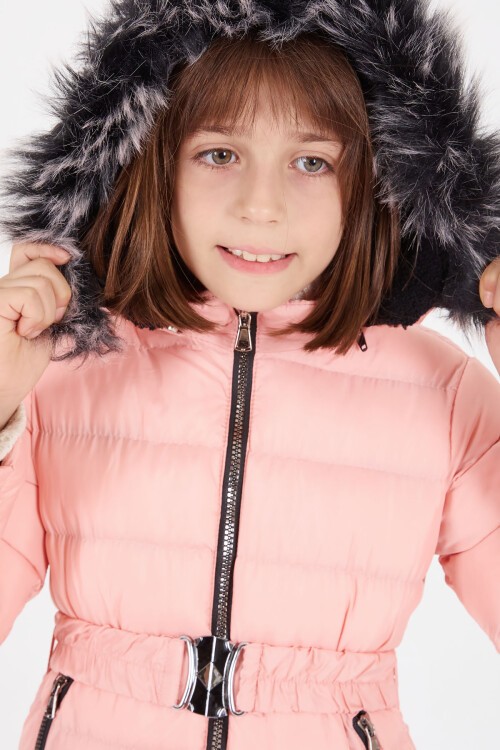 Kız Çocuk Kemerli Şişme Mont Açık Pembe 16409