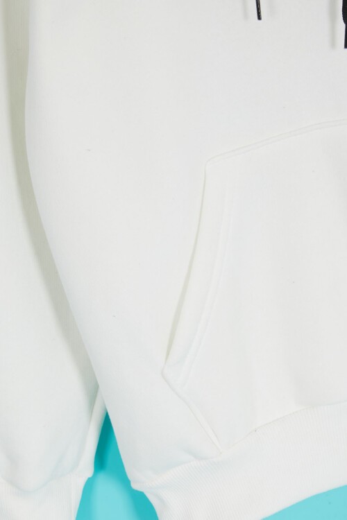 Beyaz Polarlı Kanguru Cepli Çocuk Kapüşonlu Sweatshirt 17040