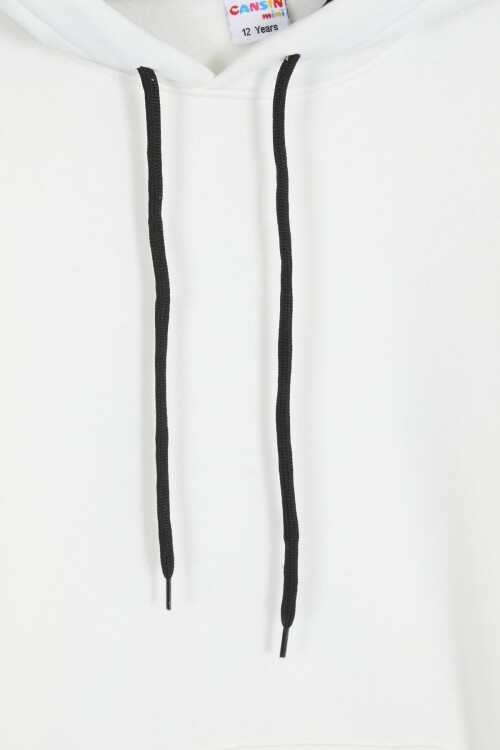 Beyaz Polarlı Kanguru Cepli Çocuk Kapüşonlu Sweatshirt 17040