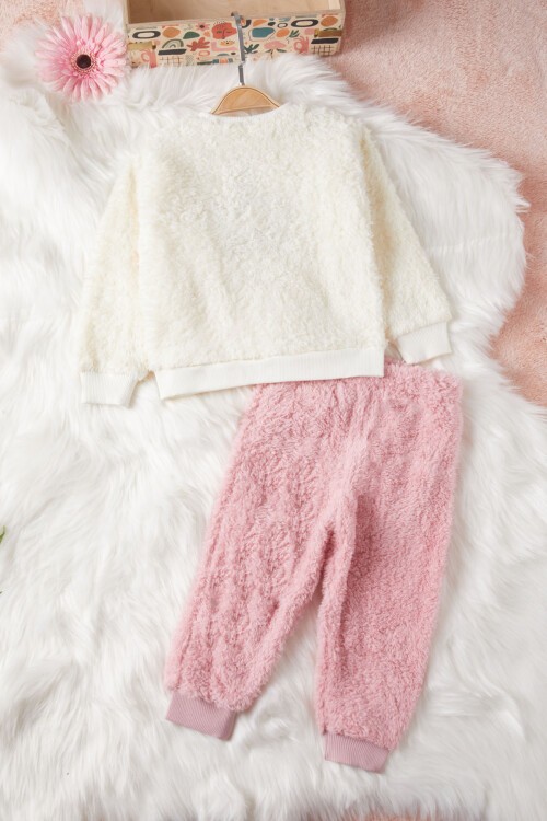 Ekru Çiçek Nakışlı Kız Bebek Peluş Eşofman Takımı 17123