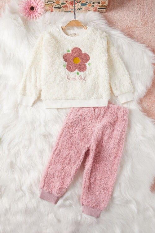 Ekru Çiçek Nakışlı Kız Bebek Peluş Eşofman Takımı 17123