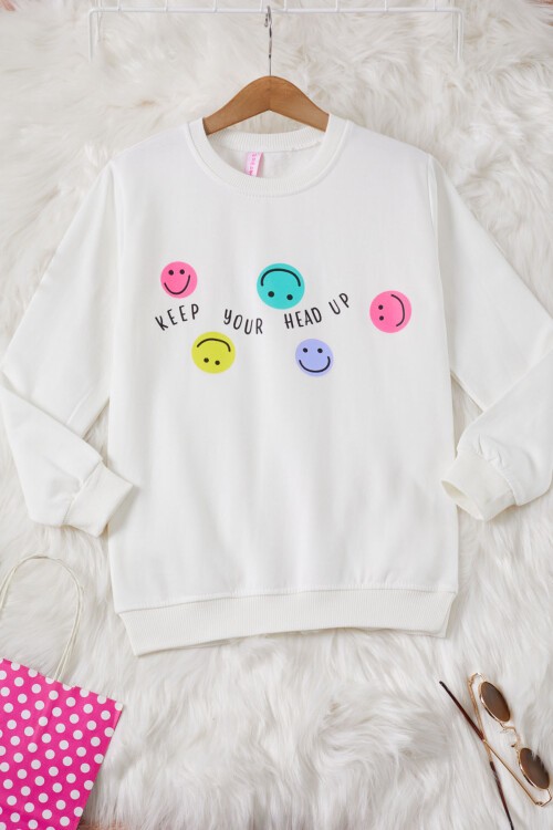 Ekru Gülen Yüz Baskılı Kız Çocuk Bisiklet Yaka Sweatshirt 17286