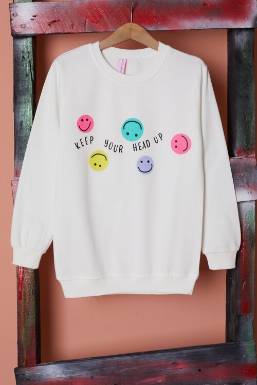 Ekru Gülen Yüz Baskılı Kız Çocuk Bisiklet Yaka Sweatshirt 17286