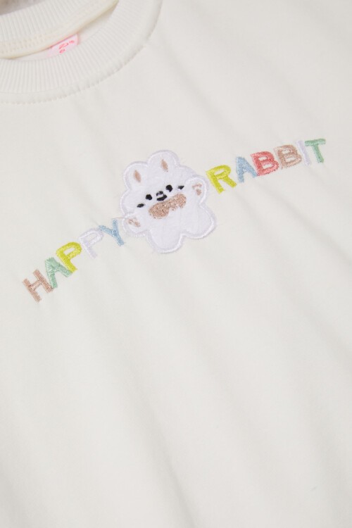Ekru Tavşan Nakışlı Yazılı Kız Çocuk Sweatshirt 16946