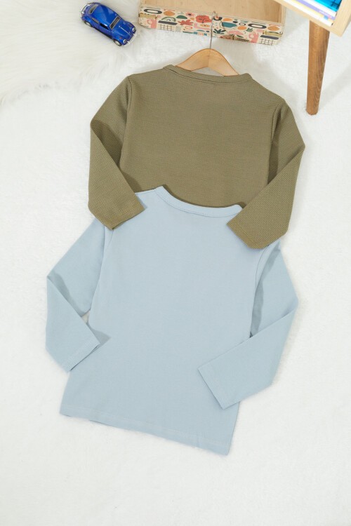 Erkek Bebek Düğmeli Yakalı Cepli 2li Sweatshirt Haki-Açık Mavi 17331