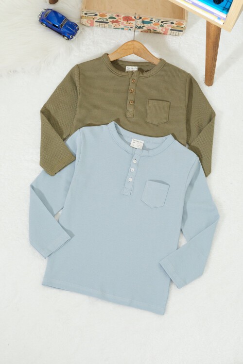 Erkek Bebek Düğmeli Yakalı Cepli 2li Sweatshirt Haki-Açık Mavi 17331