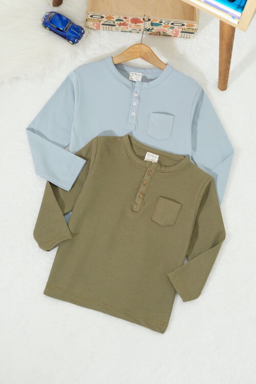 Erkek Bebek Düğmeli Yakalı Cepli 2li Sweatshirt Haki-Açık Mavi 17331