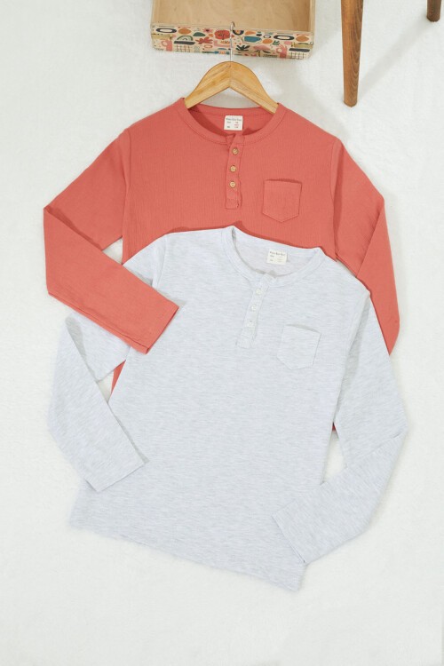 Erkek Çocuk Düğmeli Yaka 2li Sweatshirt Gri-Kiremit 17334