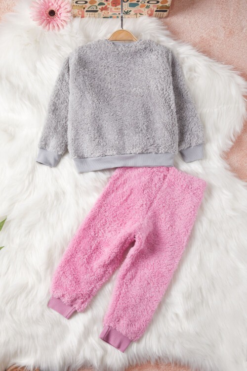 Gri Çiçek Nakışlı Kız Bebek Peluş Eşofman Takımı 17121