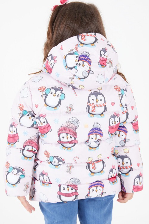 Kız Çocuk Penguen Baskılı Mont Pembe 15603
