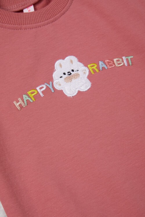 Koyu Pembe Tavşan Nakışlı Yazılı Kız Çocuk Sweatshirt 16944