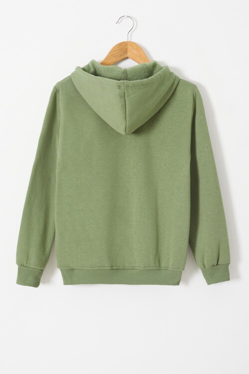Koyu Yeşil Yazı Baskılı Polarlı Erkek Çocuk Kapüşonlu Sweatshirt 17178