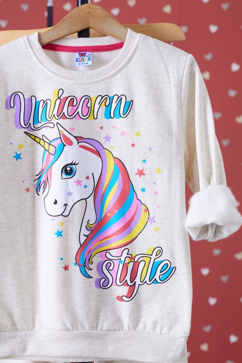 Krem Unicorn Baskılı Şardonlu Kız Çocuk Eşofman Takımı 17355