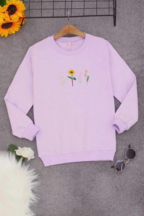 Lila Papatya Nakışlı Kız Çocuk Kız Çocuk Sweatshirt 17206