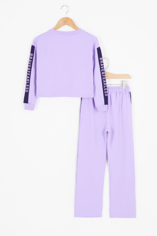 Lila Şerit Yazılı Payetli Kız Çocuk Eşofman Takımı 17131