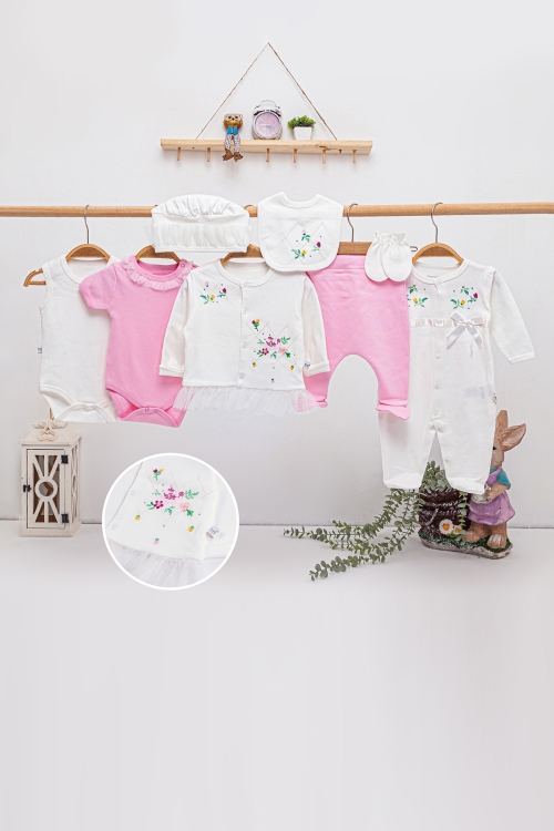 Pembe Beyaz Çiçek Motifli 8li Bebek Hastane Çıkışı Seti 16900