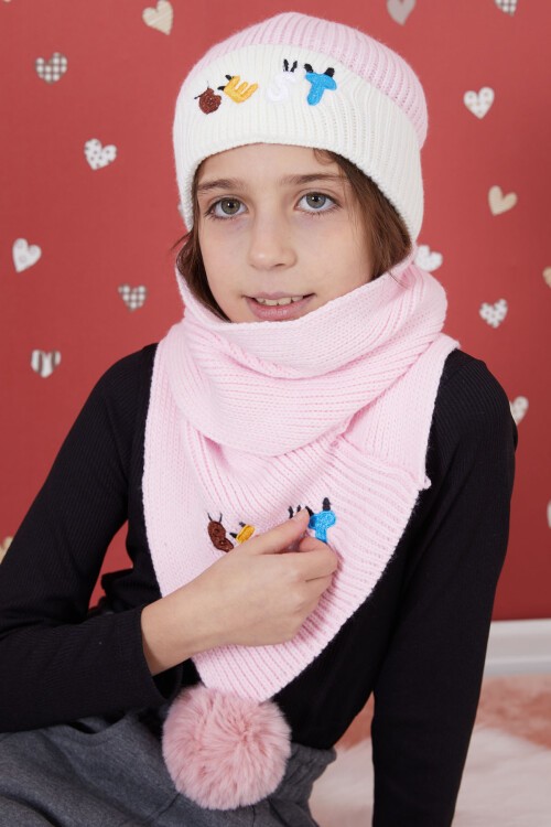 Pembe Yazı Nakışlı Ponponlu Kız Çocuk Atkı Bere Seti 17289