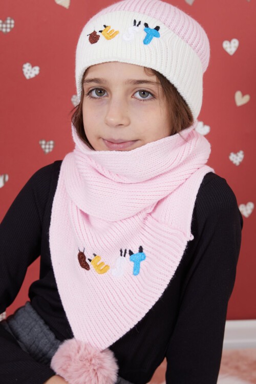 Pembe Yazı Nakışlı Ponponlu Kız Çocuk Atkı Bere Seti 17289