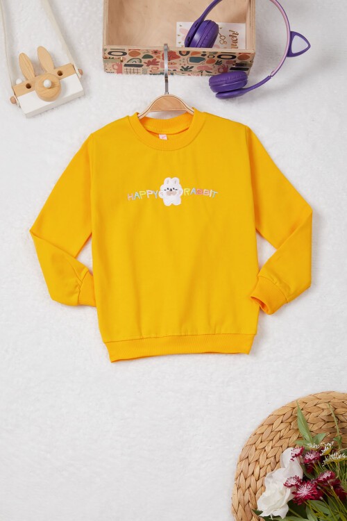 Sarı Tavşan Nakışlı Yazılı Kız Çocuk Sweatshirt 16949