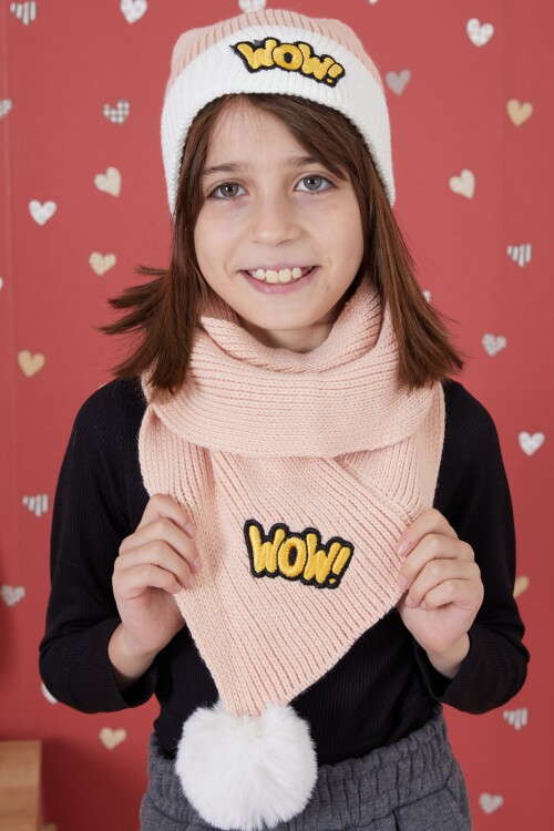 Somon WOW Yazılı Ponponlu Kız Çocuk Atkı Bere Seti 17298